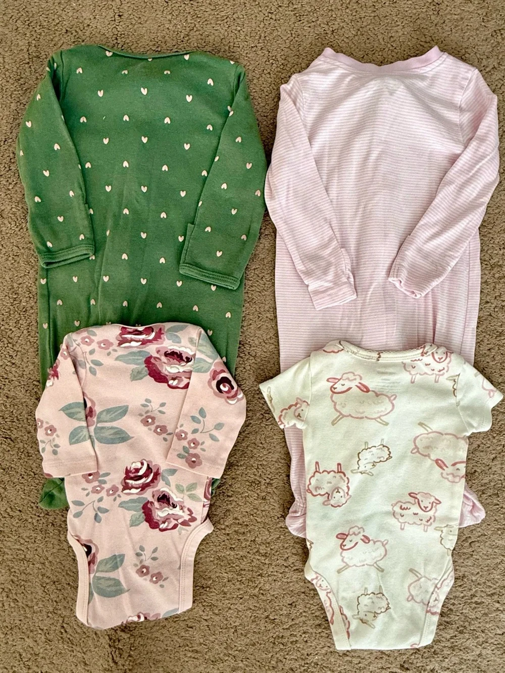 Baby Girl Onesies Lot of 4 in Green, Light Pink, Floral and Cream Nike Carter’s